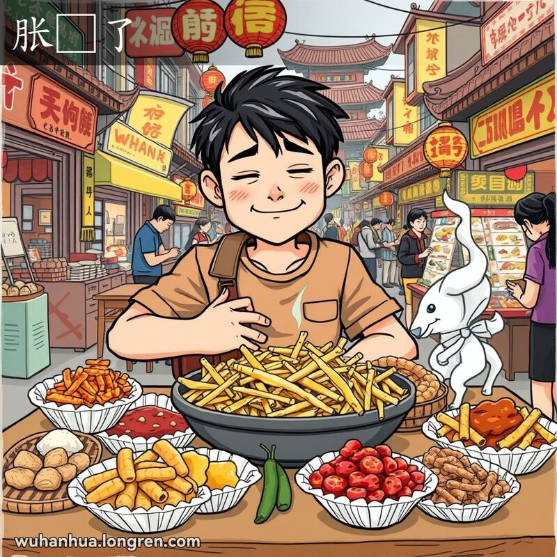 一位武汉市民坐在桌前，桌上摆满小吃，捂着肚子露出吃得过饱的表情，背景是武汉街头市场