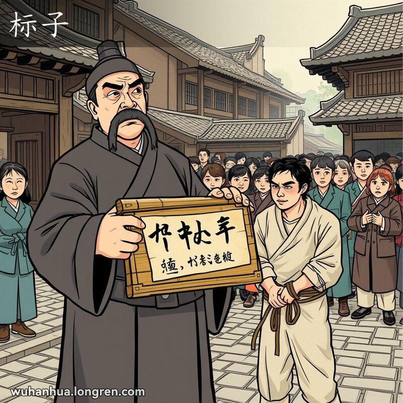 古代武汉场景，官员手持写有死刑犯名字的竹牌，囚犯被绑住，背景有围观群众。