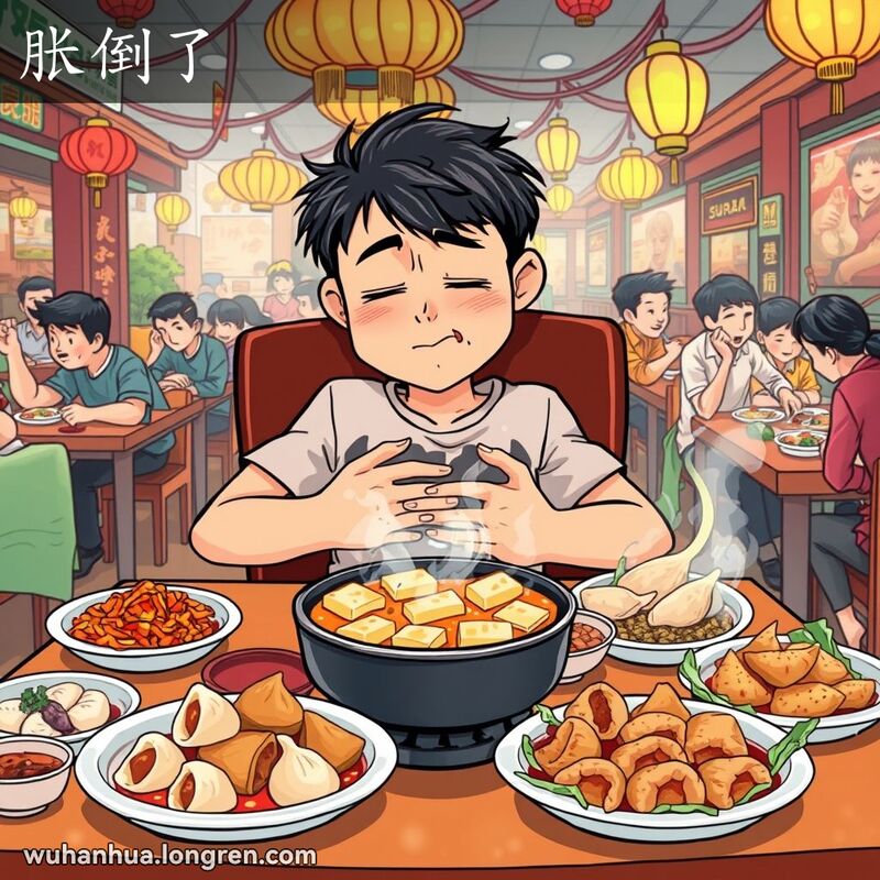 一位年轻的武汉市民在餐馆里吃撑了，捂着肚子露出痛苦的表情，背景是热闹的餐馆场景