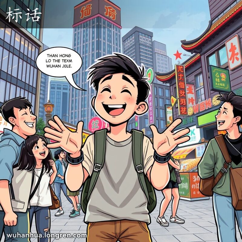 一位年轻的武汉市民在城市广场上，用夸张的手势和表情讲述幽默的笑话或俚语，背景是现代建筑和传统武汉建筑相结合的场景。