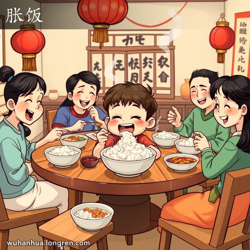 一个温馨的家庭餐桌场景，小男孩正兴高采烈地吃着米饭，背景有传统中国装饰。