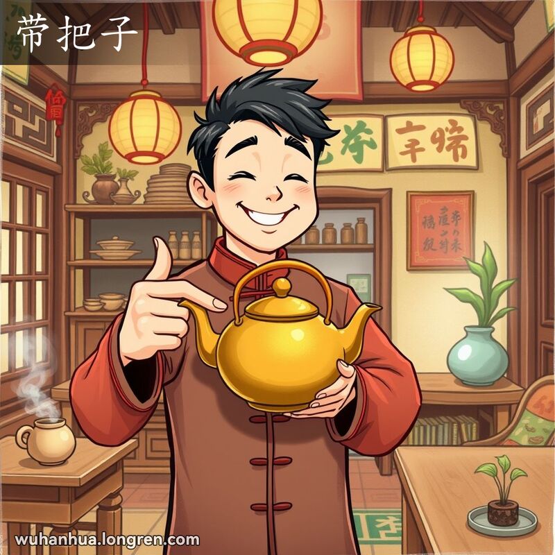 一位穿着传统中式服装的男子手持带把手的茶壶，站在老茶馆中，背景是木质家具和古色古香的装饰。