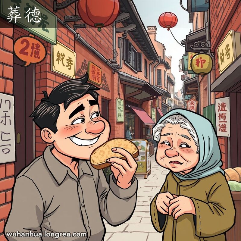 一位男子在武汉老街上偷吃邻居新烤的面包，邻居老妇人用不满的眼神看着他，背景是武汉老街景
