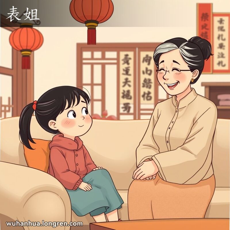 一位年轻的女孩坐在沙发上，抬头仰望着她的表姐，背景是传统的武汉家庭客厅，有红灯笼和书法挂轴等装饰