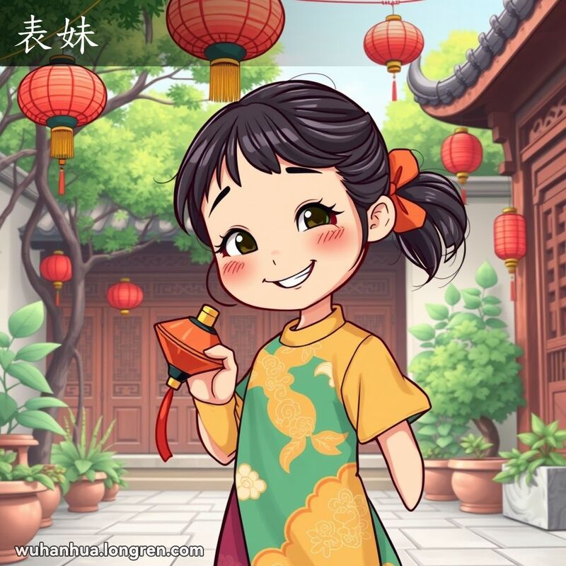 一位年轻的表妹在传统庭院中玩耍，手持陀螺或风筝，背景有绿植、红灯笼和木雕