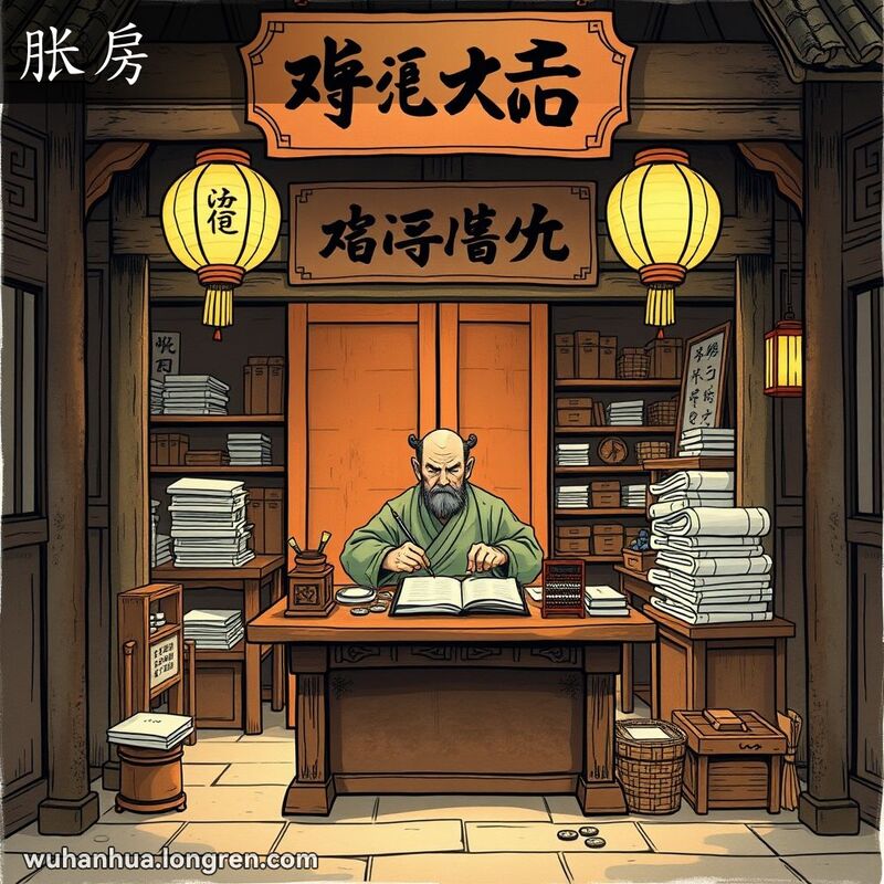 一个传统中国庭院式房屋，门口挂着“账房”牌匾，屋内一位严肃的男子在数钱和记账，周围是堆满账簿和贵重物品的架子。