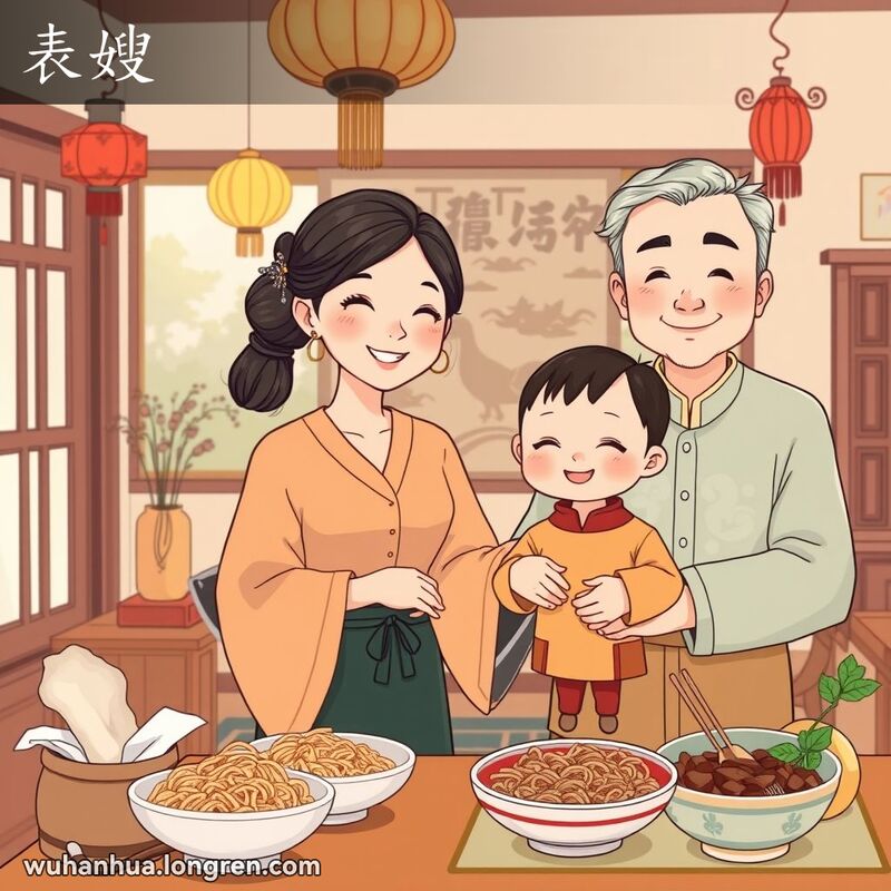 一个温馨的家庭聚会场景，主角是一位年轻的女性，她穿着简洁而优雅的服装，站在她稍微年长且友善的丈夫旁边。女性微笑着牵着一个小孩的手，展现了亲密的家庭关系。背景是传统的武汉家庭装饰，包括中式家具、装饰灯笼和摆满当地美食的餐桌，如热干面和鸭脖子。