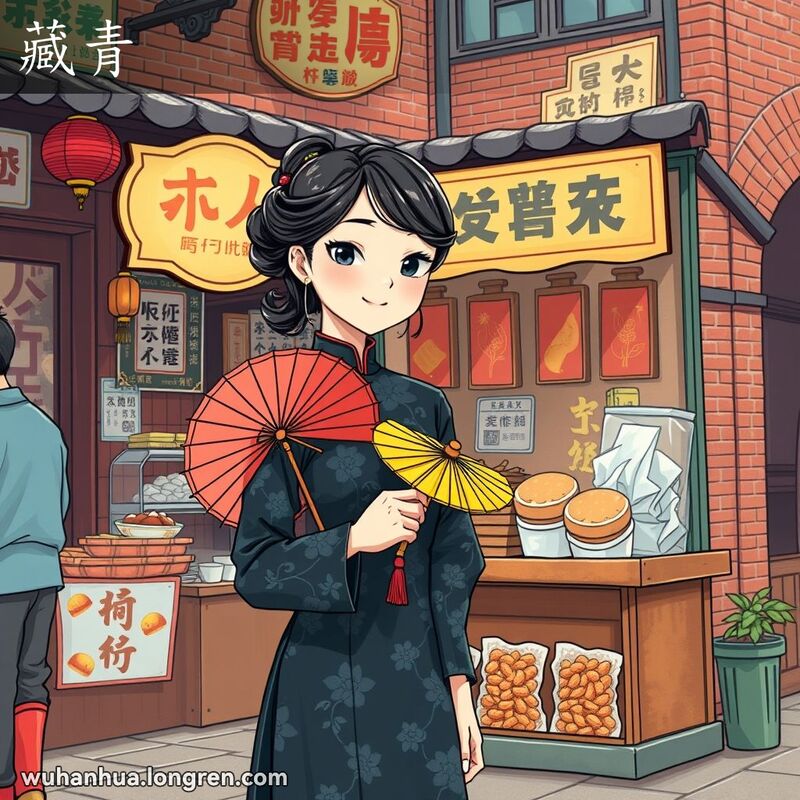 一位穿着藏青色传统服装的武汉妇女站在街边小摊前，手持一把色彩鲜艳的小伞，背景是武汉老街景