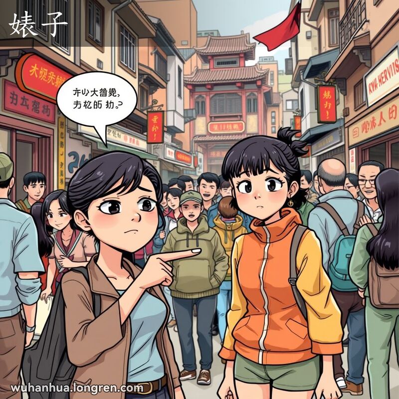 一位女性在武汉街头指着穿着花哨的人，脸上露出不屑和批评的表情，背景是武汉老街景
