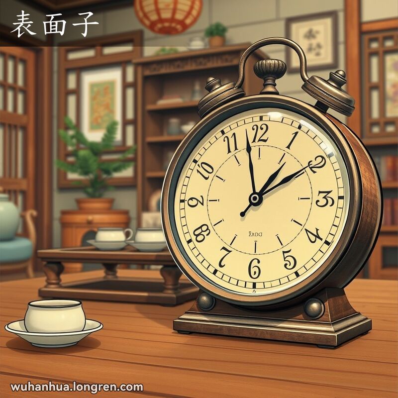 古典挂钟的钟面，背景是温馨的中式客厅，突出钟面的透明玻璃盖