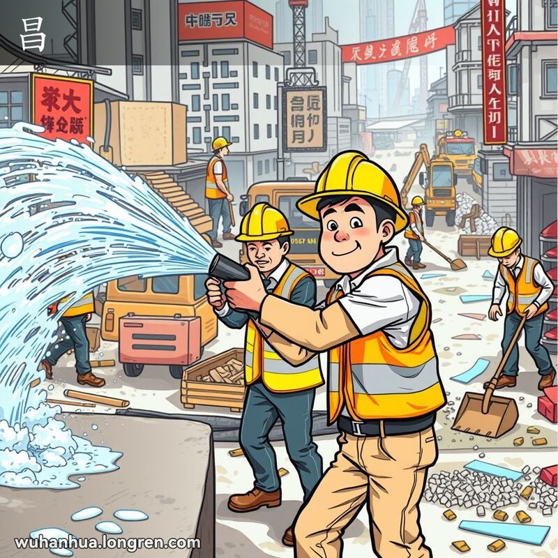 武汉建筑工地上，工人用高压水枪喷水清洗，另一名工人用铲子平整地面，背景是繁忙的工地场景