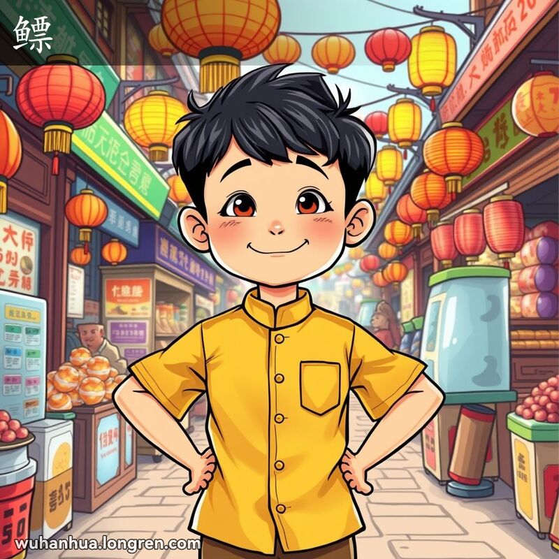 一位武汉小男孩自信地站在热闹的街市中，双手叉腰，脸上露出聪明机智的表情，背景是繁忙的武汉街市