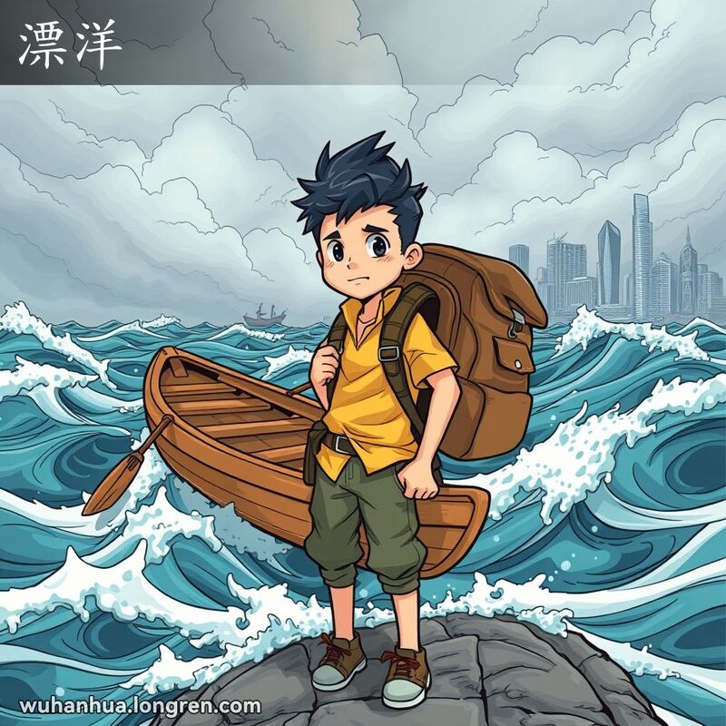 一位武汉青年站在波涛汹涌的大海边，手持小木船和背包，准备冒险出海，背景是武汉的天际线