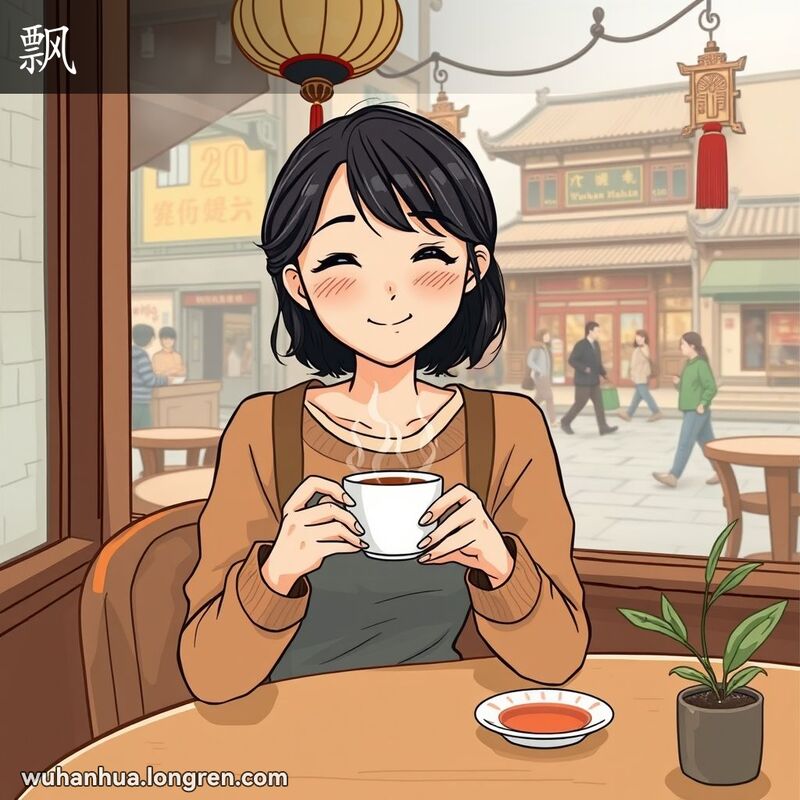 一位年轻的武汉女子坐在咖啡馆里，手捧热茶，脸上带着放松和满足的表情，体现了“飘”的意思。