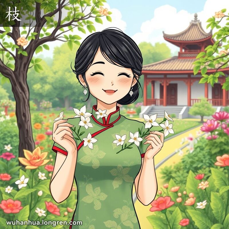 一位穿着旗袍的武汉女子在花园中手持一枝栀子花，微笑嗅闻花香，背景是繁茂的花园和中式亭子。