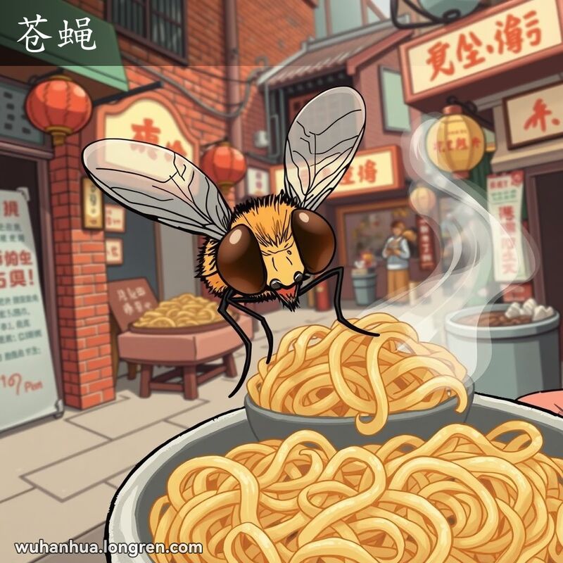 一只家蝇在武汉街边小吃摊上盘旋，背景是武汉老街景