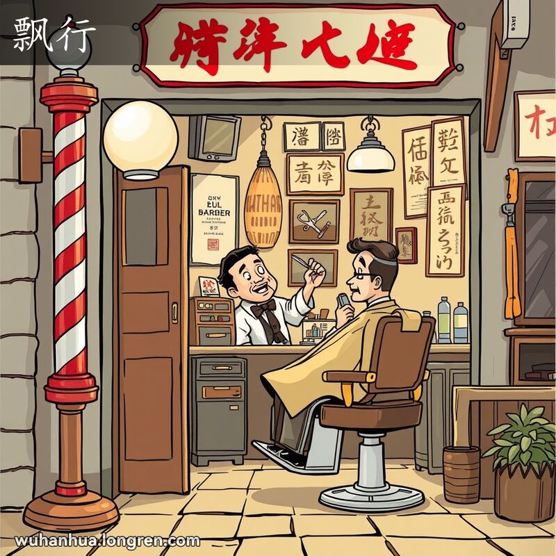 一家老式理发店，理发师正在为顾客理发，店内装饰有复古海报和镜子，店外有传统的旋转条纹柱。