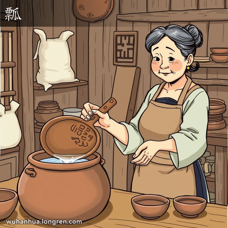一位中年妇女在传统武汉厨房中用大木勺（瓢）舀水，背景有厨房用品
