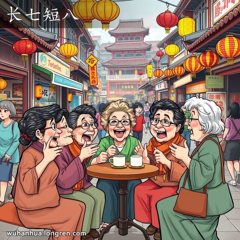 一群中年妇女在武汉街头市场的茶摊旁，围坐在一起，喝茶聊天，表情夸张，手势丰富，展现“长七短八”的场景。