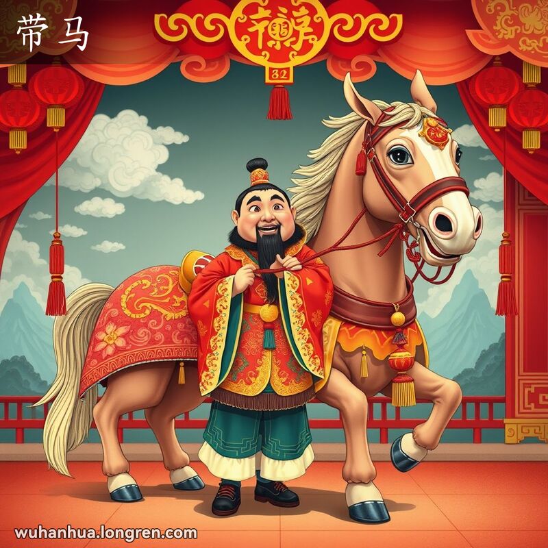 一位身穿戏服的男演员在戏剧舞台上牵着一匹装饰华丽的马