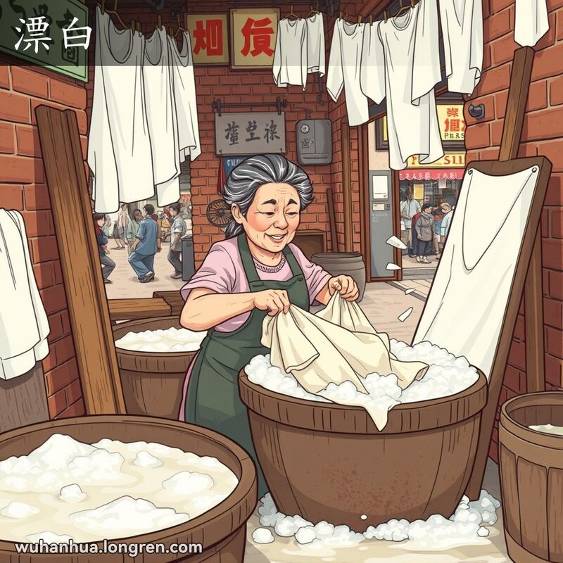 一位中年妇女在武汉洗衣店中搓洗布料，布料变白，背景是武汉老街景