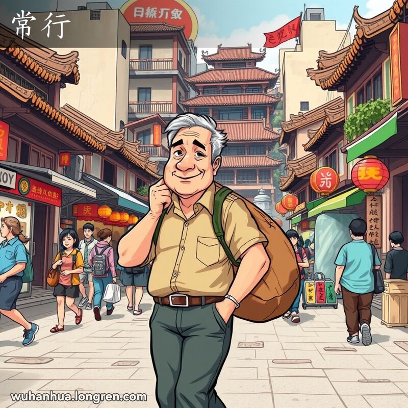 一位中年男子在武汉街头自信地行走，肩上扛着大包，背景是武汉老街景