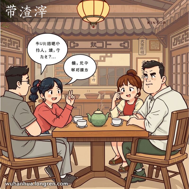 一群朋友在武汉茶馆里，一个人打断了说话者，表情严肃，手势示意停止，背景是传统茶具和竹子装饰