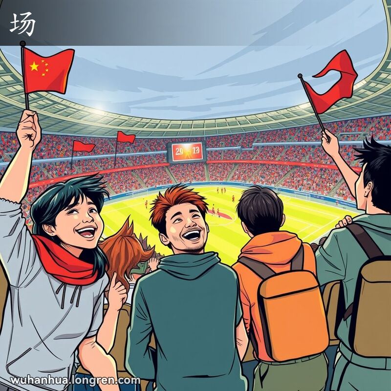 一群朋友在武汉体育场观看足球比赛，场内观众挥舞旗帜欢呼，画面充满活力和热闹氛围。