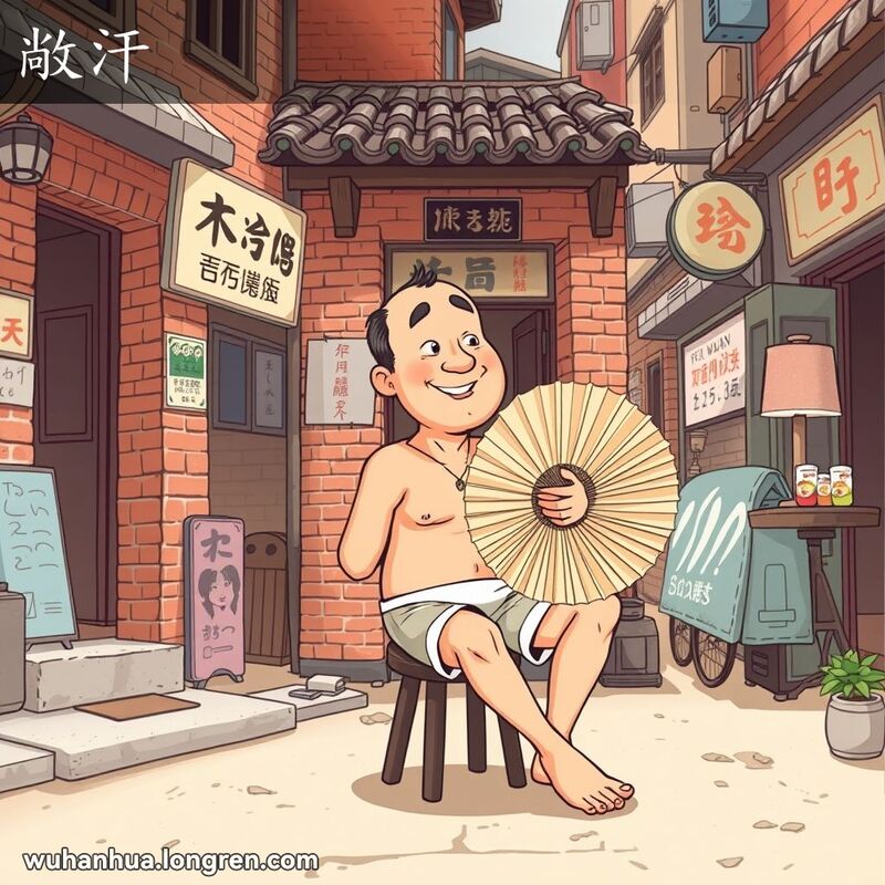一位武汉男子坐在家门口的小板凳上，手持大蒲扇扇风，脸上带着轻松的微笑，背景是武汉老街景