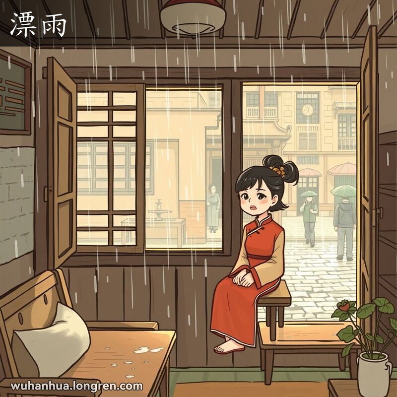 一位武汉妇女坐在窗边，窗外细雨斜落，雨滴溅进窗户，背景是武汉老街景
