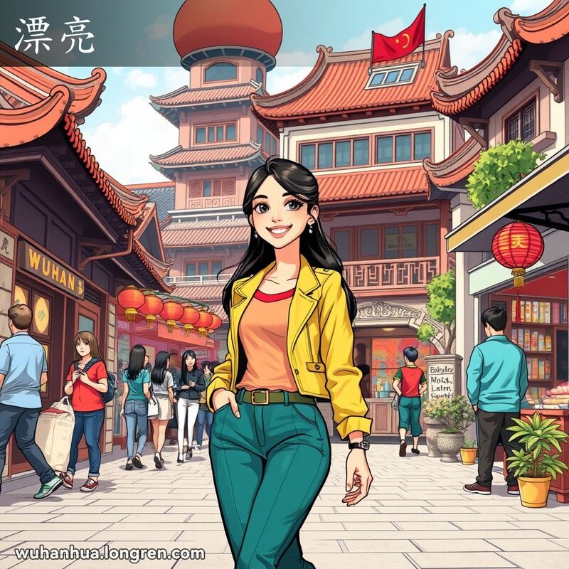 一位时尚打扮的年轻女子在武汉街头行走，背景是精心装修的房子和整洁的室内布置，体现“漂亮”的多重含义。