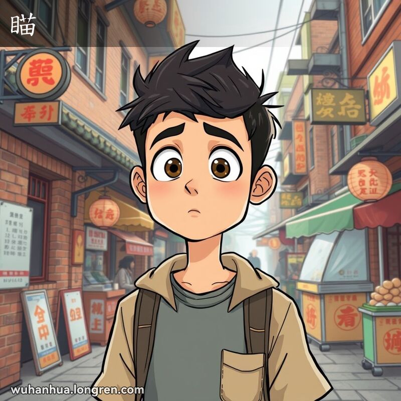 一位年轻男子在武汉街头专注地凝视远方，背景是传统建筑和小贩。