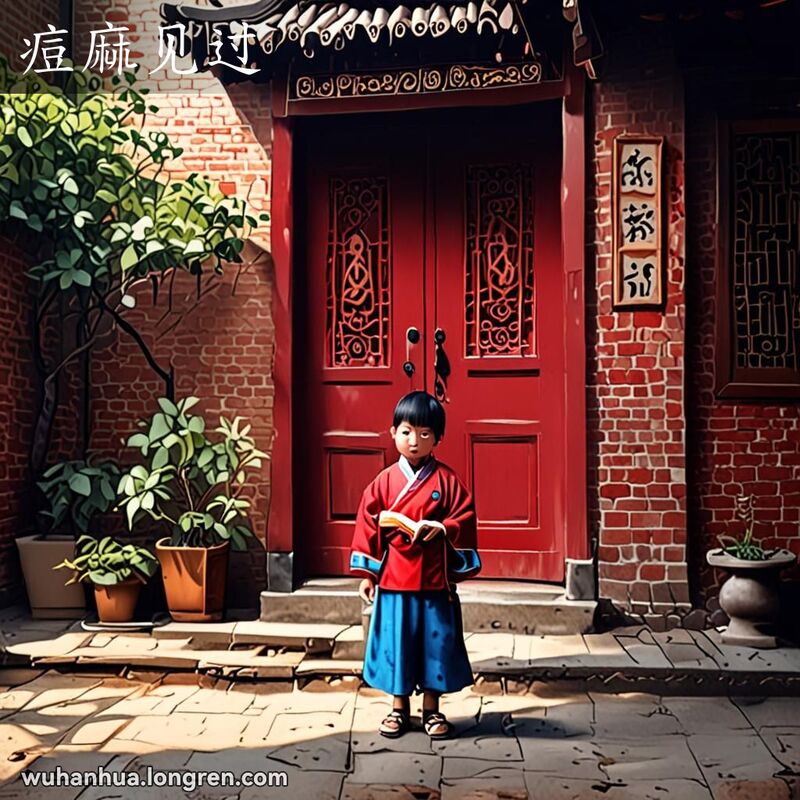 传统武汉庭院，木门上贴着“痘麻见过”的纸条，孩子站在旁边，背景是宁静的庭院和老街景