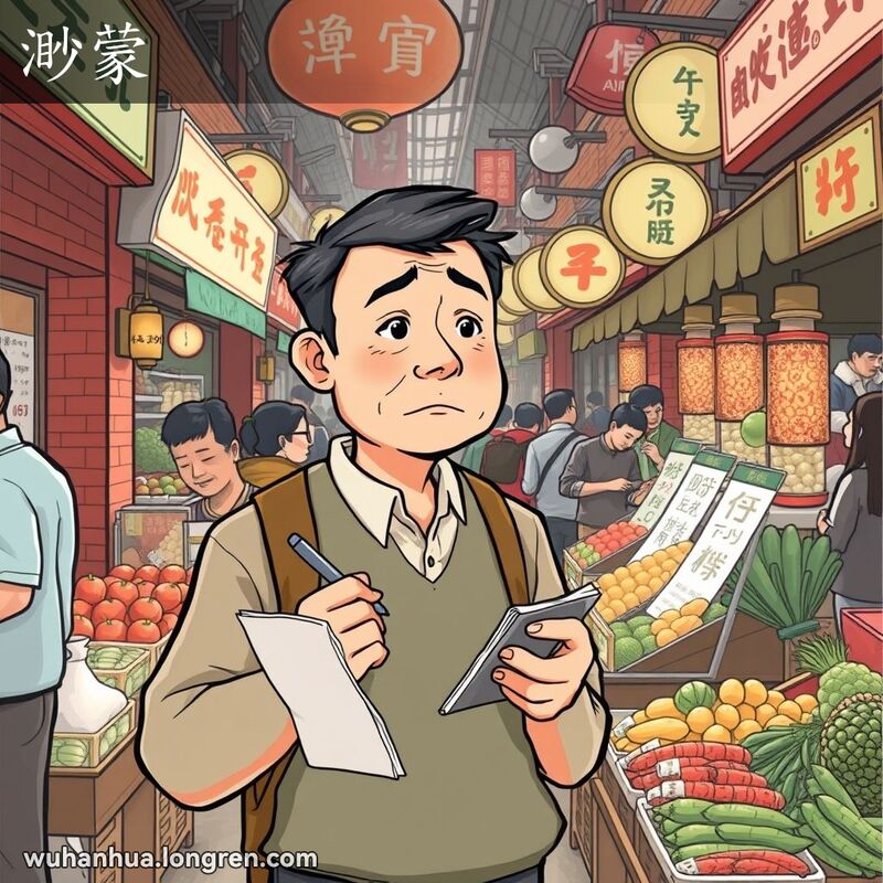 一位中年武汉男子在市场中估算物品数量，脸上带着“渺蒙”的表情，背景是武汉老街景