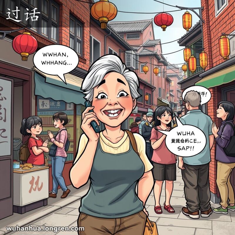 一位中年妇女在武汉街头手持电话交谈，背景中有人用手势传话，展现武汉老街景