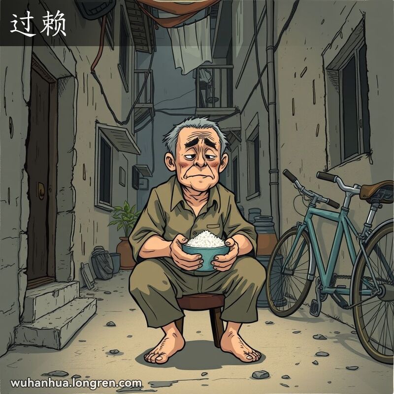 一位中年男子坐在武汉老街巷子里，手持白米饭，脸上带着疲惫和忧虑的表情，背景是破旧的老建筑和晾晒的衣物