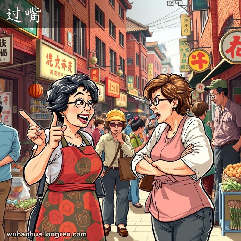 两位中年妇女在武汉街头市场上对话，其中一位准备用对方的话来回击，背景是热闹的老街市场。