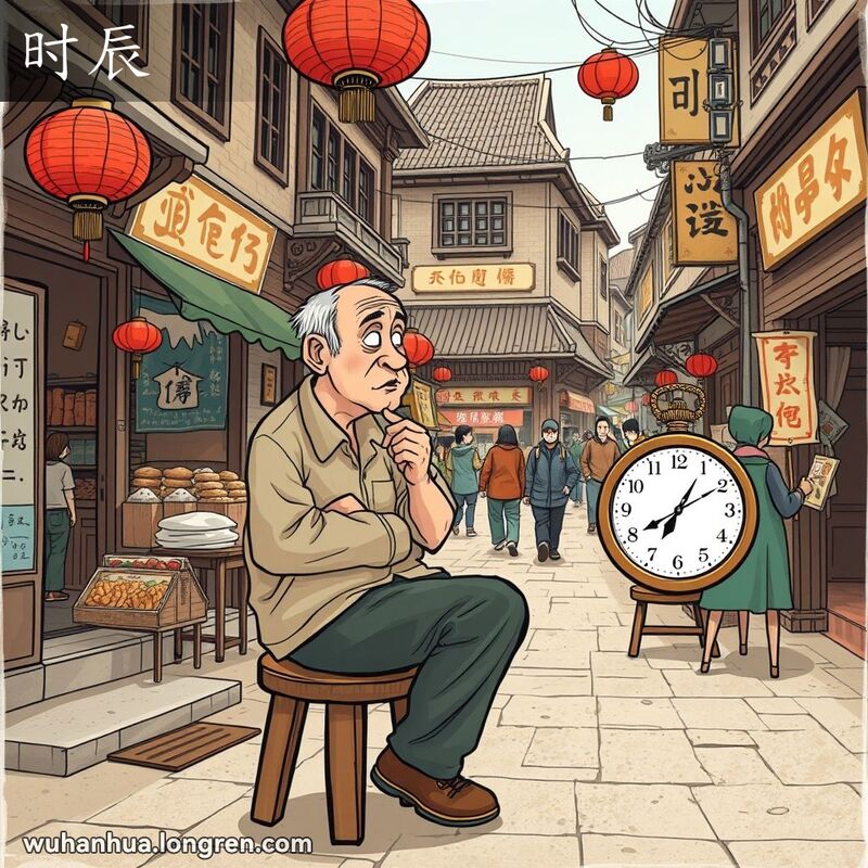 一位中年男子坐在武汉老街的小店门口，手持老式怀表，表情若有所思，背景是热闹的市场和行人
