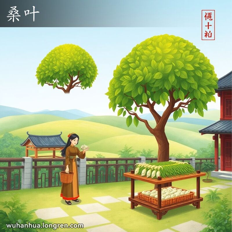 一位年轻女子在中国庭院中采摘桑树叶，旁边有蚕在啃食桑叶，背景是宁静的乡村景色。