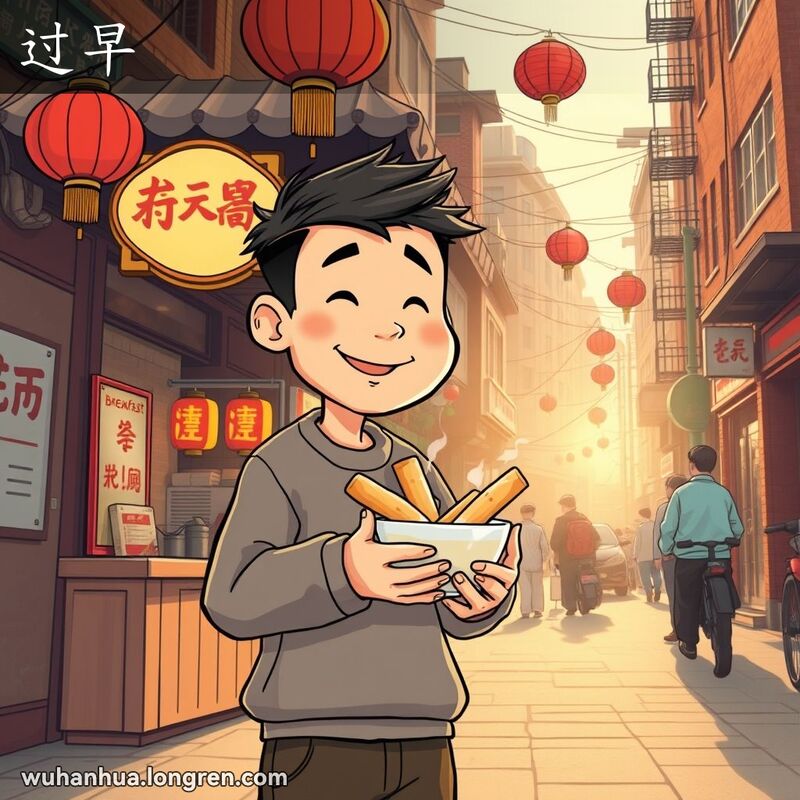 武汉清晨街头，市民走向小吃摊，手持热气腾腾的早餐，背景是老街景