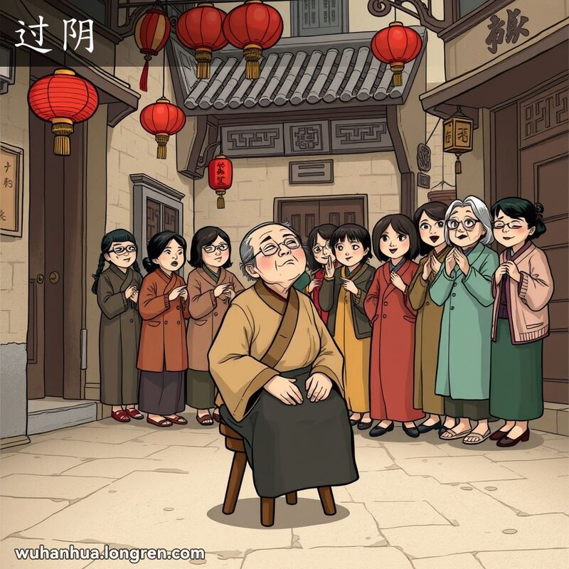 一位老年妇女在武汉老街上进行“过阴”仪式，背景有好奇的围观者，画面充满传统中国漫画风格。