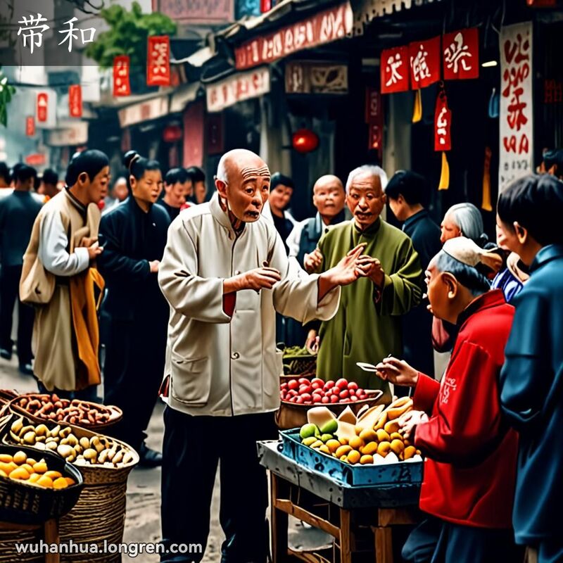 一位年长的武汉市民在街头市场中调解两人争吵，背景是热闹的市场和黄鹤楼