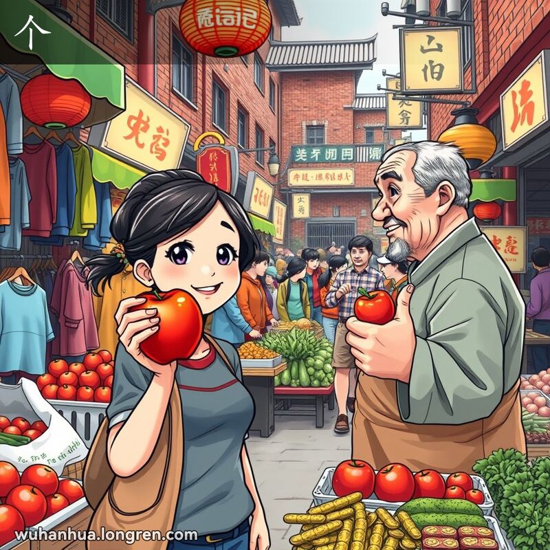武汉街头市场，年轻女子在水果摊前买苹果，摊主点头表示一个苹果，背景有其他摊位和传统建筑