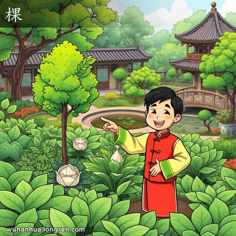 一位武汉市民在花园中指着一棵树，背景有白菜和传统园林景观，表现“棵”这个量词。