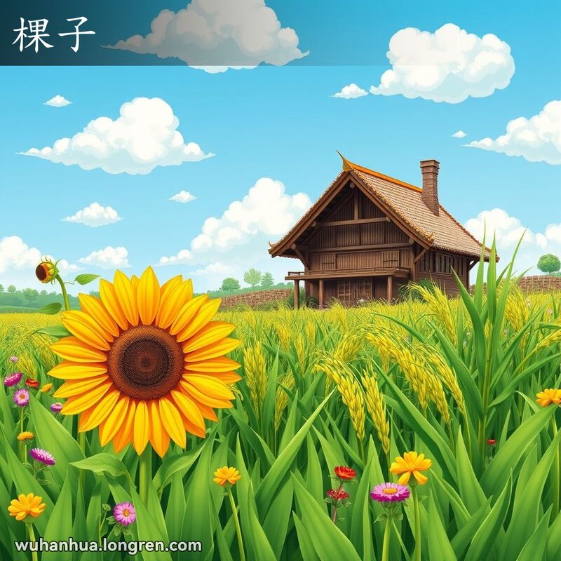绿意盎然的田野中，大向日葵、小绿豆苗和中等大小的稻谷代表武汉方言中的“棵子”，背景是蓝天白云和传统农舍。