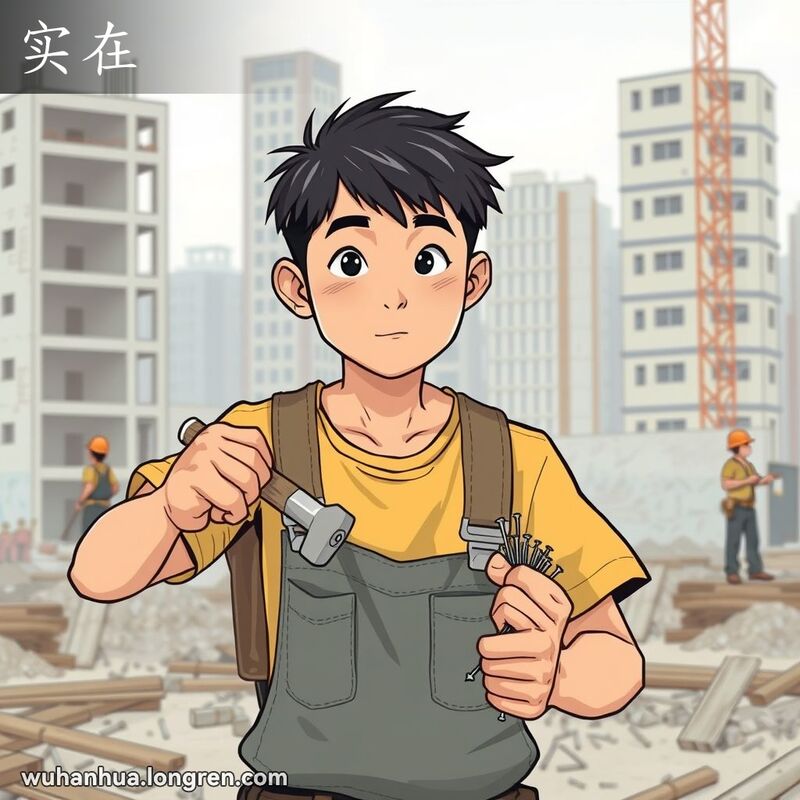 一位年轻的武汉男子在建筑工地上认真工作，手持锤子和钉子，表情专注，背景是半完工的建筑和其他工人。
