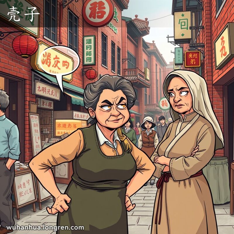 一位中年妇女在武汉老街上双手叉腰，不满地看着另一位妇女，背景有小摊贩和行人。