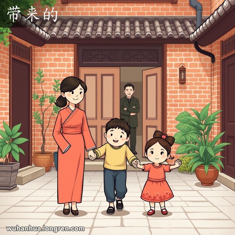 一位再婚母亲带着她前一段婚姻中的孩子们走向新家庭，背景是武汉老街景