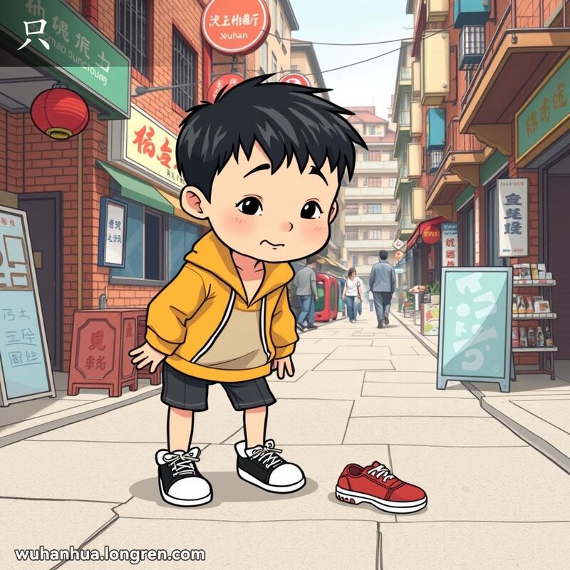 男孩小明在武汉街道上捡起一只鞋子，背景是武汉老街景