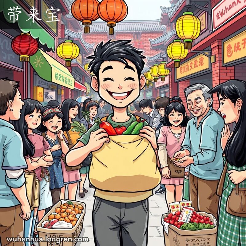 一位年轻男子在武汉街市上展示他带来的宝贵物品，周围是摊贩和顾客，背景是色彩斑斓的摊位和传统红砖墙